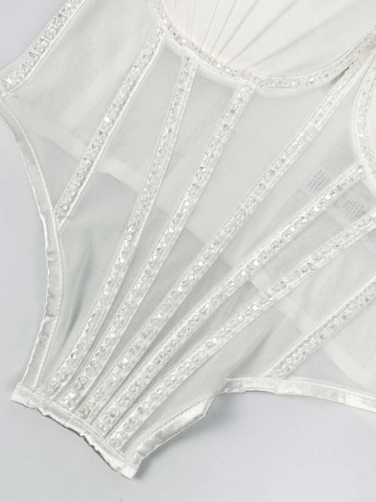 Sexy Mesh Design Camisole Vest Style Ladies Corset Tops with Chest Cushion Sparkling Diamond Decoration Fishbone Lingerie Tops