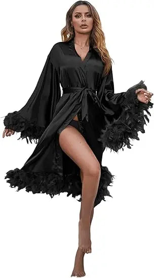Women Satin Robe Sleepwear Solid Color Casual Feather Trim Long Sleeve Pajama Dress Ladies Loungewear Nightwear Bathrobe