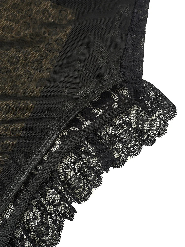 Sexy Lace Leopard Pattern Bodysuits Vintage Chic Slim Top Clothing Female Spaghetti Strap Sleeveless Backless Adult Shaper