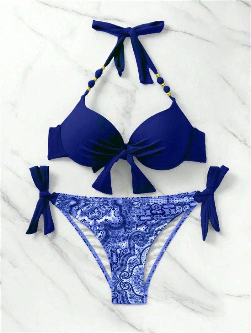 Summer Bikini New Underwired Bra Push Up Swimsuit Women Chest Knot Bow Bathing Suit Outfits Ties Swimwear Women Swimming Suit XL