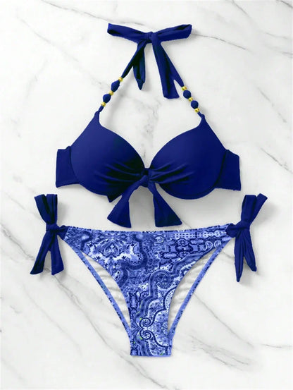 Summer Bikini New Underwired Bra Push Up Swimsuit Women Chest Knot Bow Bathing Suit Outfits Ties Swimwear Women Swimming Suit XL