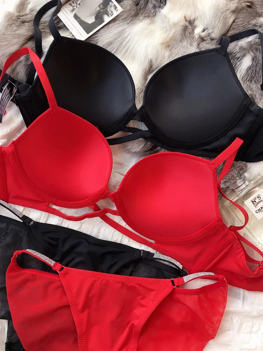2 Pieces Sexy Underwear Set for Women Classic Cross Hollow Bra Sparkle Rhinestones Lingerie Deep V Push Up Brassiere Set