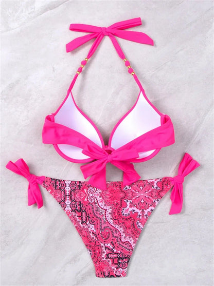 Summer Bikini New Underwired Bra Push Up Swimsuit Women Chest Knot Bow Bathing Suit Outfits Ties Swimwear Women Swimming Suit XL