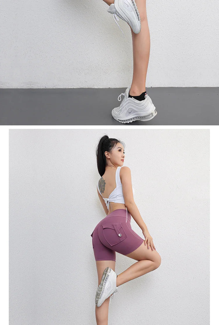 Peach Butt Fitness Shorts Women's Exercise Three-Quarter Pants Cargo Air Dry Pocket Yoga Tight Lift Summer