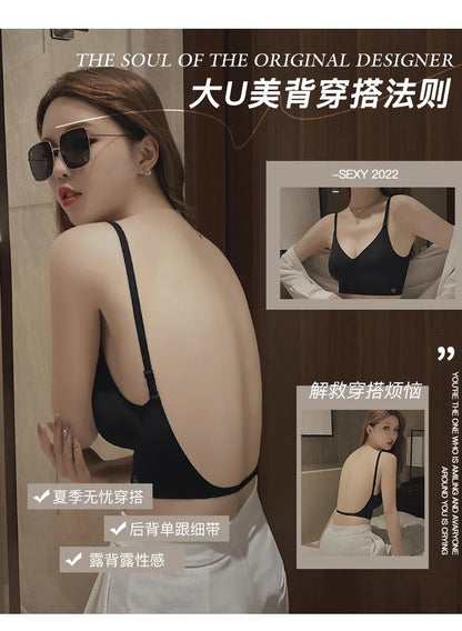Sexy Large Backless U-shaped Beautiful Back Sling Underwear Women's Thin Section Seamless Small Chest Gathered Strapless Bra