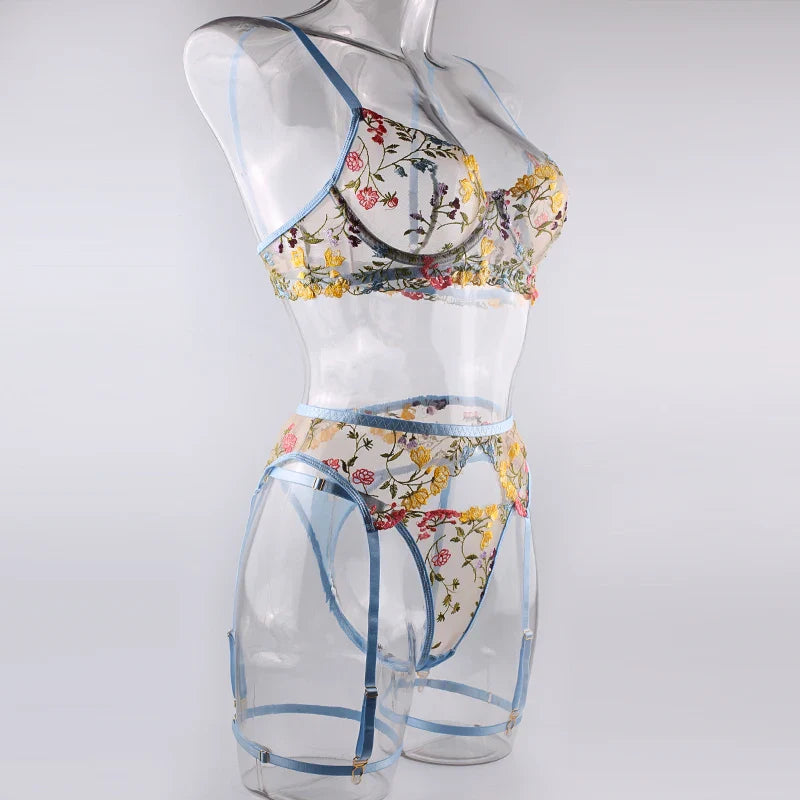 Sexy Women's Lace Lingerie 3Pcs Sets Fancy Flowers Embroidery Transparent Bras And Thongs Underwear Set Erotic Intimate Suits ﻿