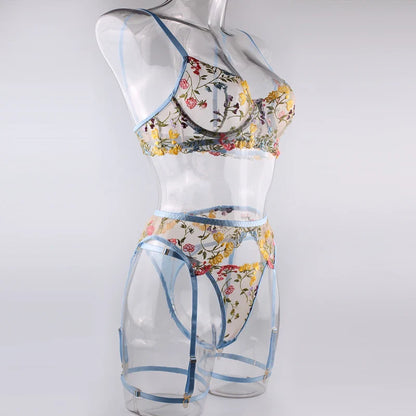 Sexy Women's Lace Lingerie 3Pcs Sets Fancy Flowers Embroidery Transparent Bras And Thongs Underwear Set Erotic Intimate Suits ﻿