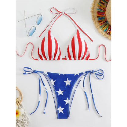 Flag Printed Halter Strappy High Cut Bikini Female Swimsuit Women Swimwear Two-pieces Bikini set Bather Bathing Suit Swim V6144