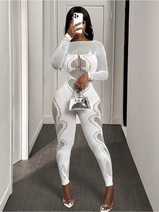 FHSEER Women's Sexy Jumpsuit Sheer Mesh Long Sleeve Hollow Out Bodycon High-Waist Stretchy Club Party Date Night Out Outfit