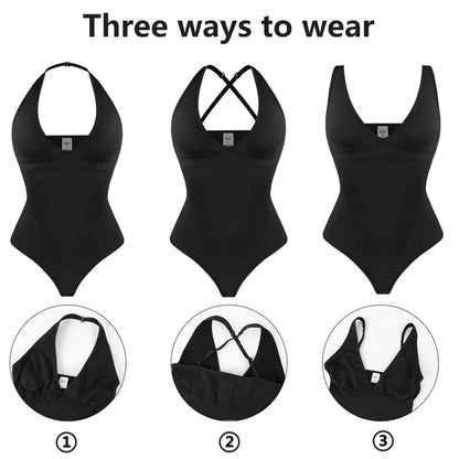 Sexy Thong Bodysuit Tummy Control Women Shapewear Halter Neck Flat Belly Body Shaper Slimming Flat Belly Underwear Open Crotch