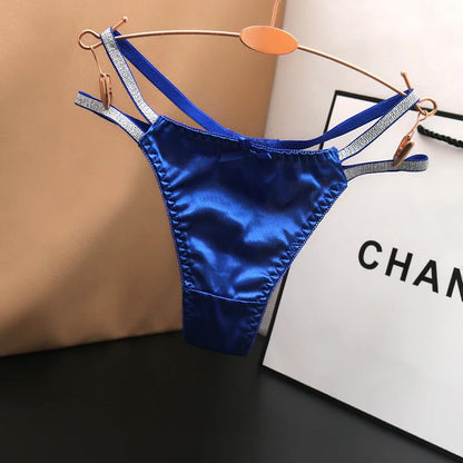 Sexy Silk Satin Thongs Hollow Out Fashion Solid Color Panties Cotton Crotch Low Waist Breathable Pure Color Women's Underwear