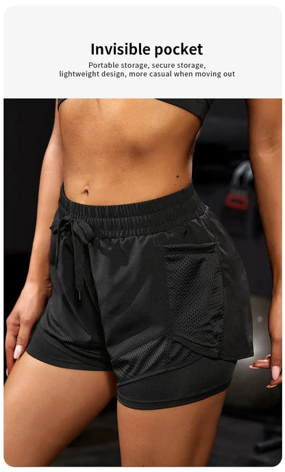 Women's Elastic Sports Shorts, Shorts With Pockets, Fake Two-Piece Yoga Leggings Running And Training