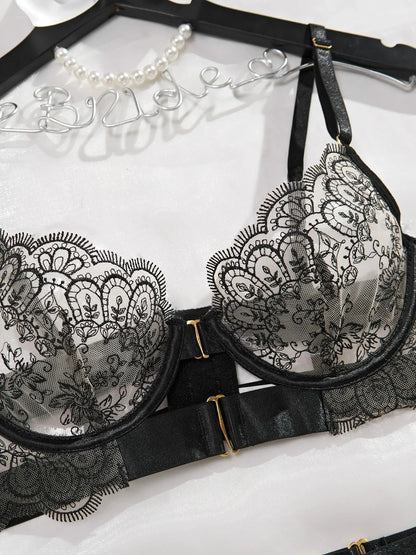 Women Sexy Lingerie Lace Bra and Brief with Garter and Leg Ring Set Underwear Romantic Hot Bilizna See Through Outfits