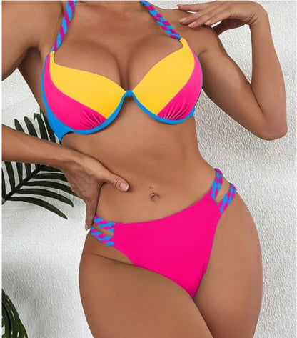 2026 New Bikini Swimsuit Women's Split Solid Color Sexy Belt Steel Tray Bikini Swimsuit