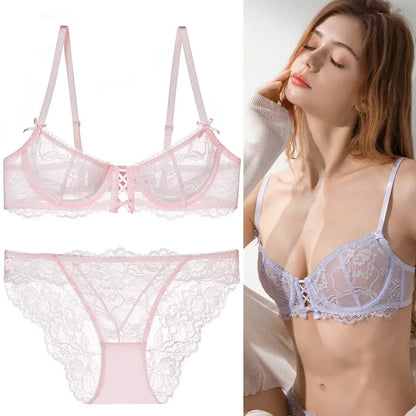 Logirlve Ultra-Thin Hollowed-Out Lace Bra Set for Women Push up Breast Brassiere Sexy Embroidery Underwear Lingerie Ladies