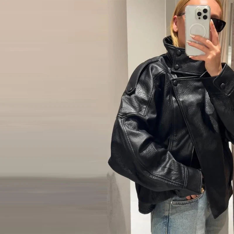 Stand Collar Women's Jacket Full Sleeve Double Button Solid Female Leather Jackets 2025 Autumn Fashion High Street Lady Outwears
