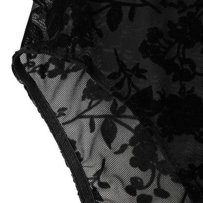 Sexy Women's Black Floral Flocking Sheer Mesh Mock Neck Long Sleeve Bodysuit