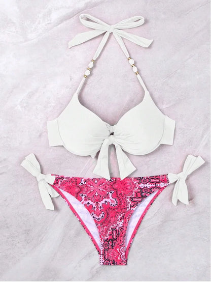 2024 New Print 2-piece Swimsuit for Women,hard Cup Suspender Push Up Bikini Set,summer Beach Vacation Backless Bathing Suit