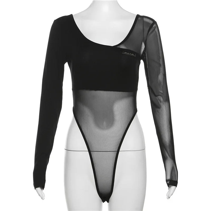 Black See Through Bodysuit Lingerie Sexy Long Sleeve Lenceria Femenina V-Neck One-Pieces Body Feminino Backless Tops For Women