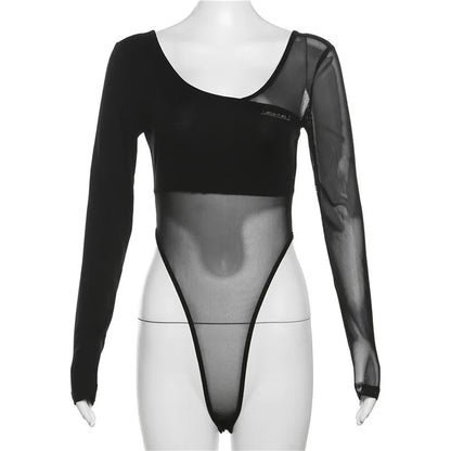 Black See Through Bodysuit Lingerie Sexy Long Sleeve Lenceria Femenina V-Neck One-Pieces Body Feminino Backless Tops For Women