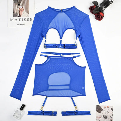 Diccvicc Long Sleeve Lingerie Sexy Sheer Mesh Porn Top Crotchless Skirt Naked Bandage Women Underwear Uncensored Erotic Costume