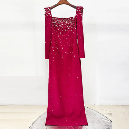 HIGH QUALITY Newest Fashion 2025 Designer Vestido Women's Square Collar Beading Diamonds Long Sleeve Maxi Dress
