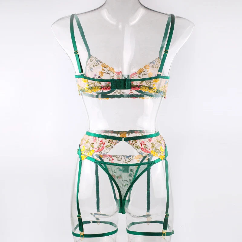 Sexy Women's Lace Lingerie 3Pcs Sets Fancy Flowers Embroidery Transparent Bras And Thongs Underwear Set Erotic Intimate Suits ﻿