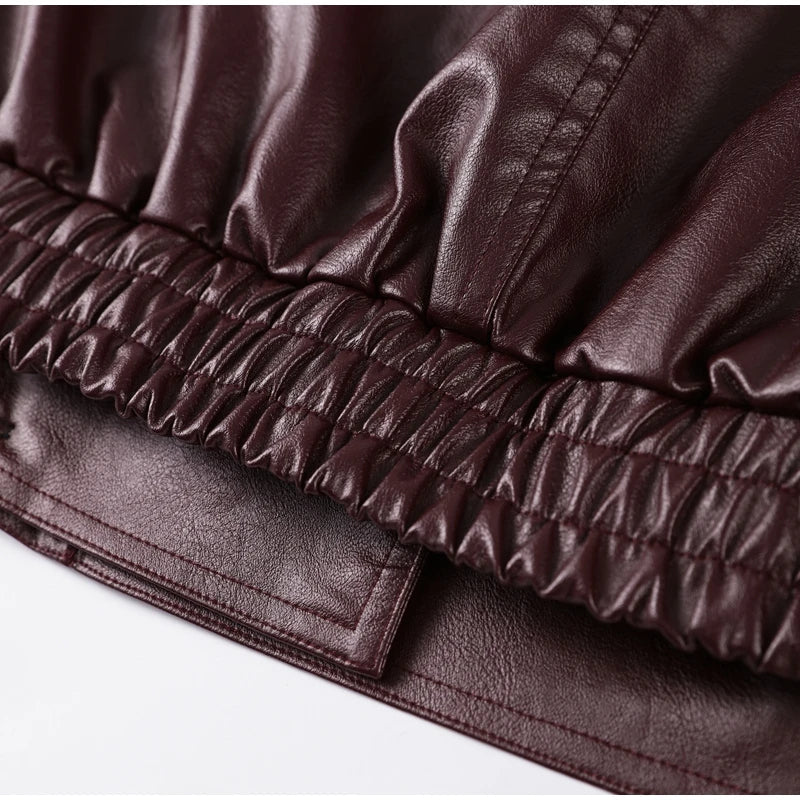 Street Stand Collar Women's Leather Jacket Loose Long Sleeve Zipper Pockets Chic Female Coats 2025 Autumn Winter Lady Outerwear