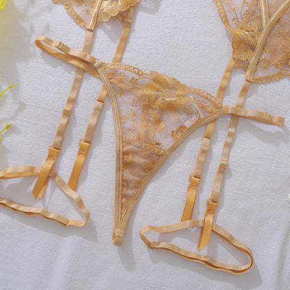 Women's Sexy See-through Seduction Lingerie Chic And Elegant Mesh Thin Section Embroidered Lace Garter Belt three-piece Set