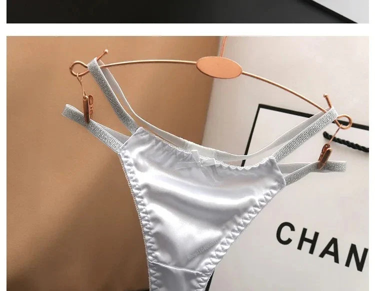 Sexy Silk Satin Thongs Hollow Out Fashion Solid Color Panties Cotton Crotch Low Waist Breathable Pure Color Women's Underwear