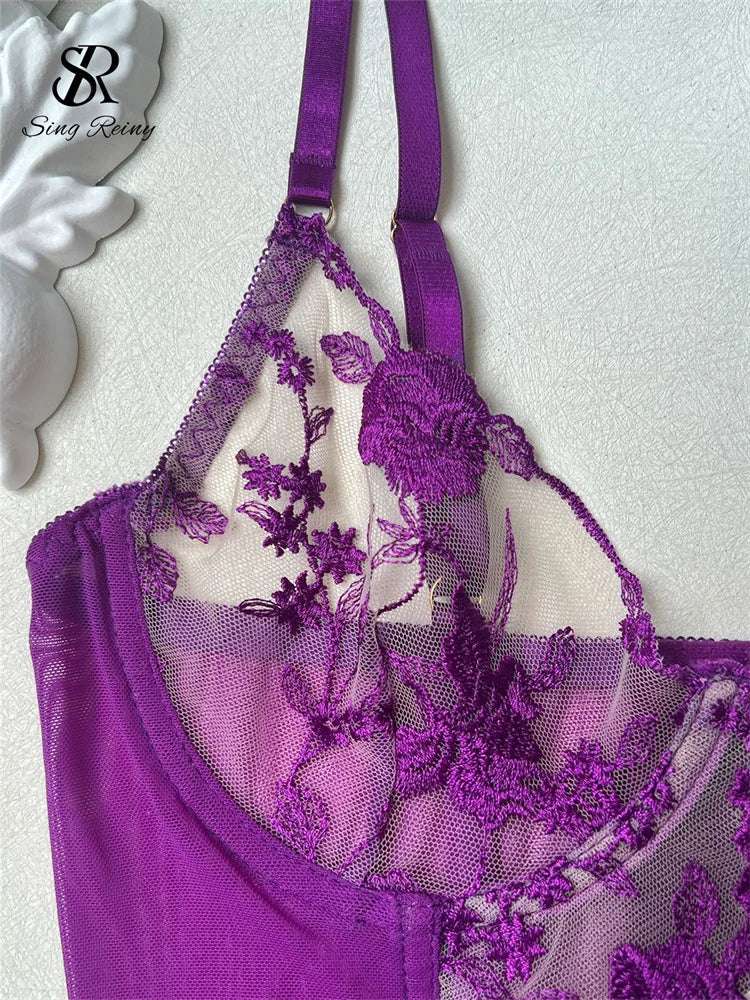 SINGREINY Female Prono Lingerie Set Sexy Transparent Lace Embroidery Bra&Brief Sets Ladies Hollow Out Erotic Underwear Suits