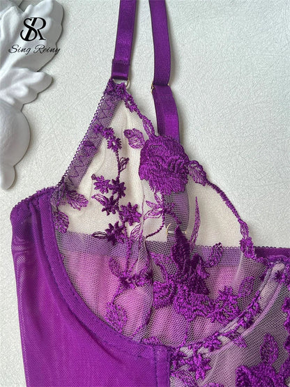 SINGREINY Female Prono Lingerie Set Sexy Transparent Lace Embroidery Bra&Brief Sets Ladies Hollow Out Erotic Underwear Suits