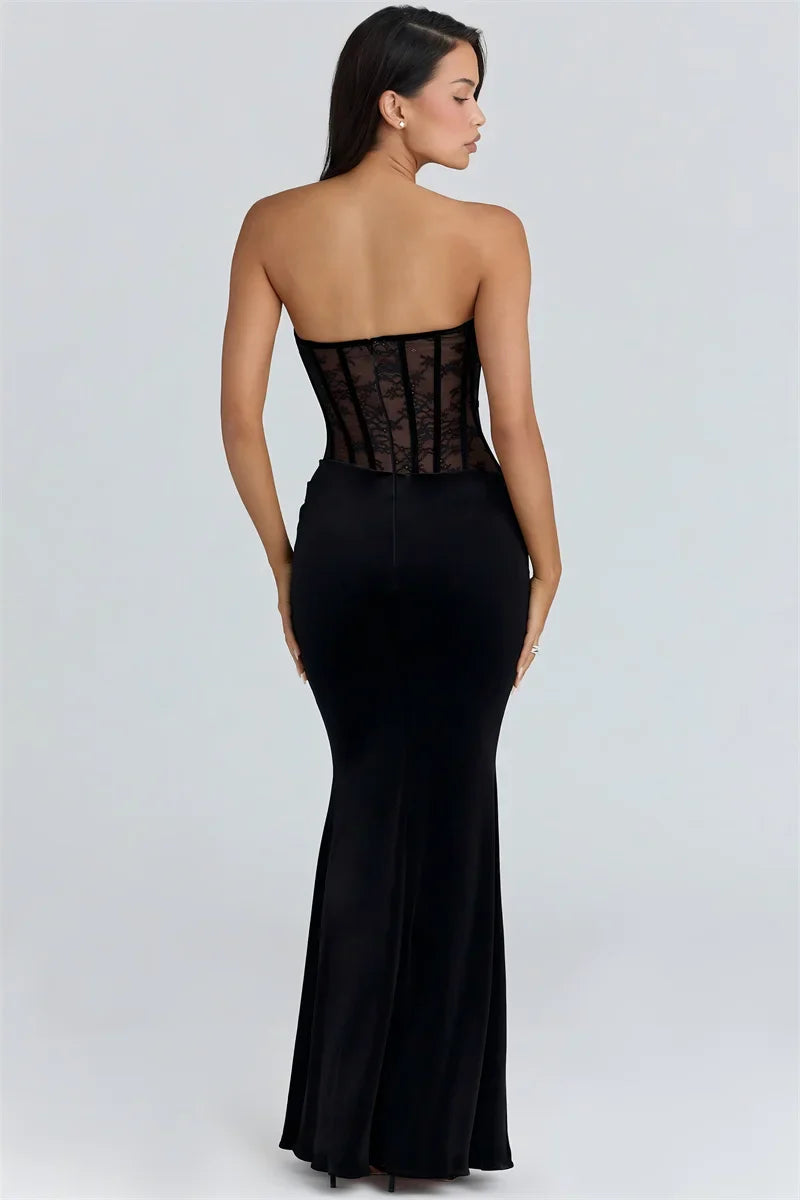 Mozision Long Sleeve Backless Sexy Maxi Dress Women Gown Elegant Lace Print Off-shoulder High Waist Ruched Bodycon Club Dresses