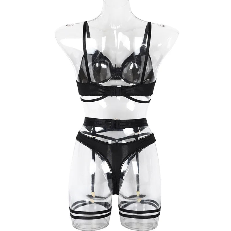 Yimunancy 3-Piece Black Bra Set Women Patchwork See Through Mesh Lingerie Set Ladies Sexy Panty Underwear Set