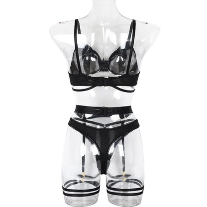 Yimunancy 3-Piece Black Bra Set Women Patchwork See Through Mesh Lingerie Set Ladies Sexy Panty Underwear Set