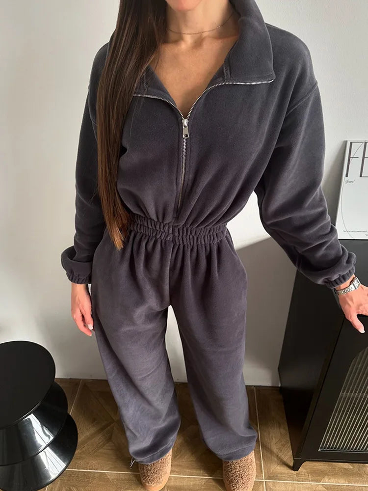 Zekye Woman Clothing New Fashion Long-sleeved Jumpsuit Women's Casual Semi-open Elastic Waist Jumpsuit Elegant Woman Jumpsuit