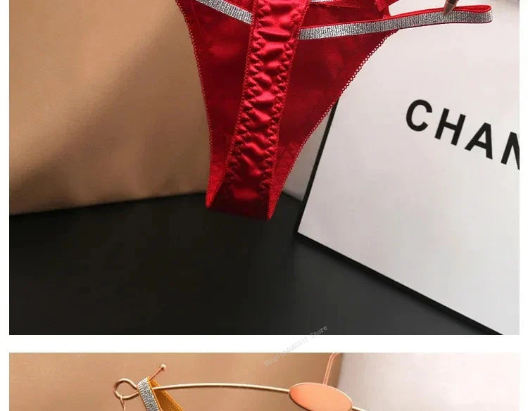 Sexy Silk Satin Thongs Hollow Out Fashion Solid Color Panties Cotton Crotch Low Waist Breathable Pure Color Women's Underwear