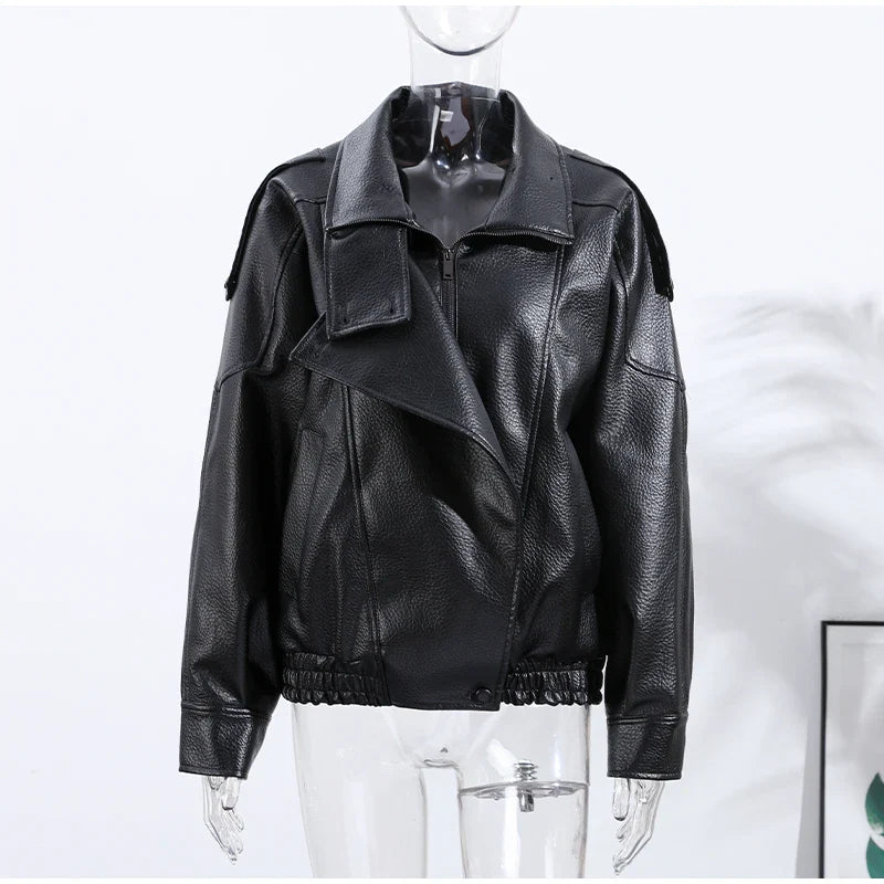 Street Stand Collar Women's Leather Jacket Loose Long Sleeve Zipper Pockets Chic Female Coats 2025 Autumn Winter Lady Outerwear