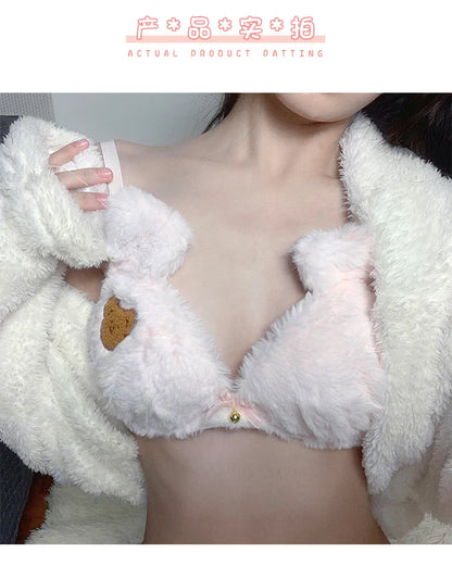 Cute Bear Underwear Winter Plush Cartoon Comfortable Bra & Brief Sets Women's Intimates Thermal Bra Gathers Sleepwear Lingerie