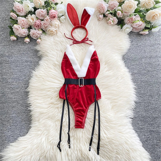 Women'S Christmas Sexy Red Bodysuit Lingerie And A Hat Bridal Lingerie секси комплект женского белья Seksowna Bielizna Komplet