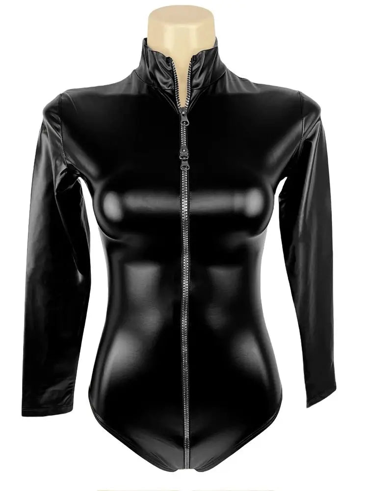 Oil Faux Latex Catsuit Elastic PU Leather Zipper Open Crotch Long Sleeve Bodysuit Tights Cosplay Clubwear Body Teddies Swimsuit