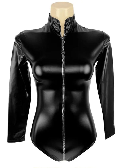 Oil Faux Latex Catsuit Elastic PU Leather Zipper Open Crotch Long Sleeve Bodysuit Tights Cosplay Clubwear Body Teddies Swimsuit