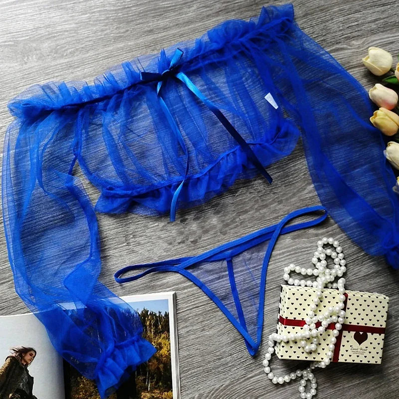 Sexy Perspective Blue Mesh Women's Underwear Exotic Fantasy Sexy Apparel Open G-string Pants Sexy Transparent Lingerie Pajamas