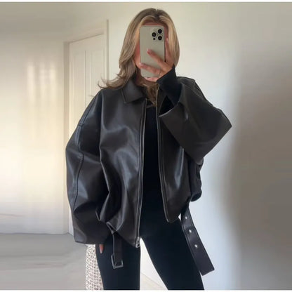 Street Stand Collar Women's Leather Jacket Loose Long Sleeve Zipper Pockets Chic Female Coats 2025 Autumn Winter Lady Outerwear