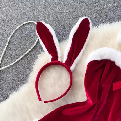 Sweet Red Bunny Lingerie Underwear Set Women Sexy Soft Plush Cute Bowknot Sweet Nightgowns Christmas Rabbit Cosplay Costumes New
