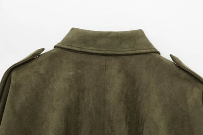 HH Women Brown Green Suede Jacket Loose Casual Bomber Coat Lapel Zipper Long Sleeve Jackets Vintage Lady Motorcycle Outwears