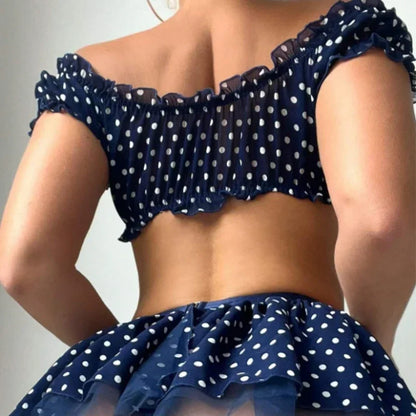 Polka Dot Shoulder Revealing Puffy Skirt 3-piece Sets Sexy Lace Top Skirt Thongs Underwear Suits Romantic Intimate Exotic Sets