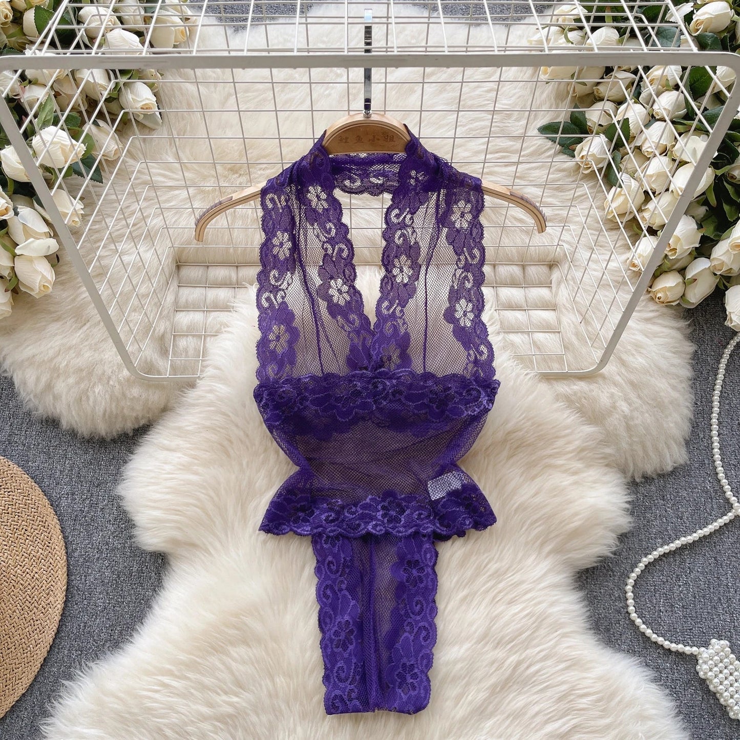 Sexy Lace Gauze Patchwork Strap Bodysuit Hollow Sleeveless Slim backless Women Erotic Lingerie Hotsweet Bow Night Maid Cosplay
