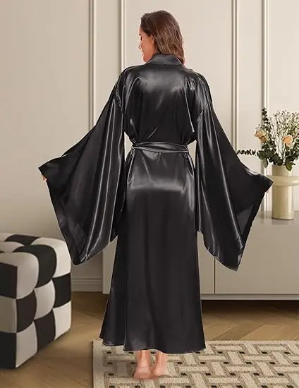 Elegant Floor Long Length Robe Silk Bridal Wedding Dressing Kimono Robe Bridal Party Bride Robe Black Kimono Robe