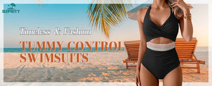 B2prity Women's One Piece Swimsuits Tummy Control Front Cross Bathing Suits Tie Back Slimming V Neck Swimwear